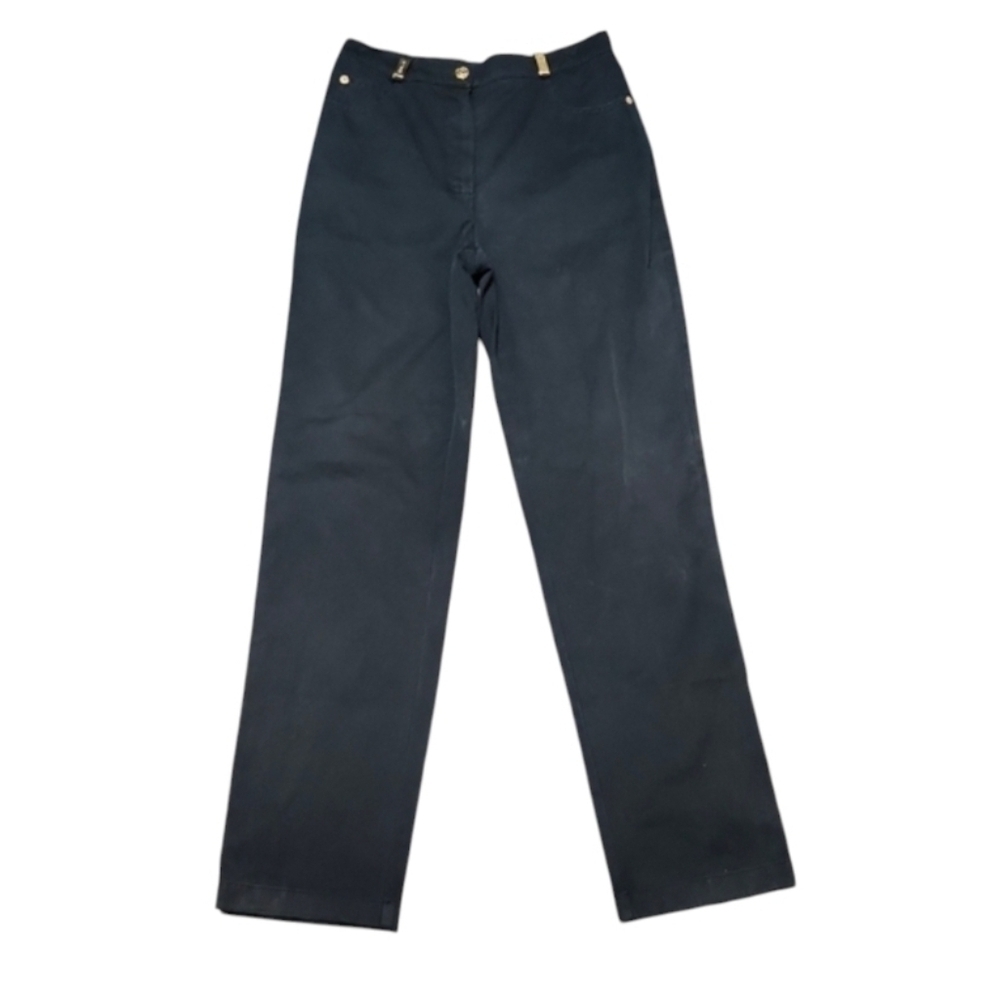St John Dark Navy Straight-Leg Pants with Gold Metal Accents